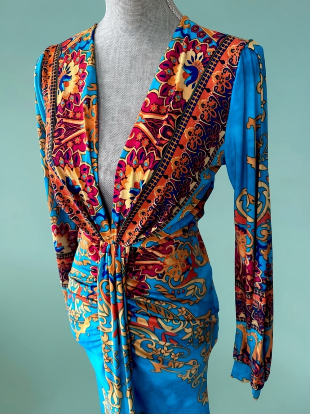 Vibrant Turquoise & Gold Print Maxi Dress with Deep V-Neck - Picture 2 of 16